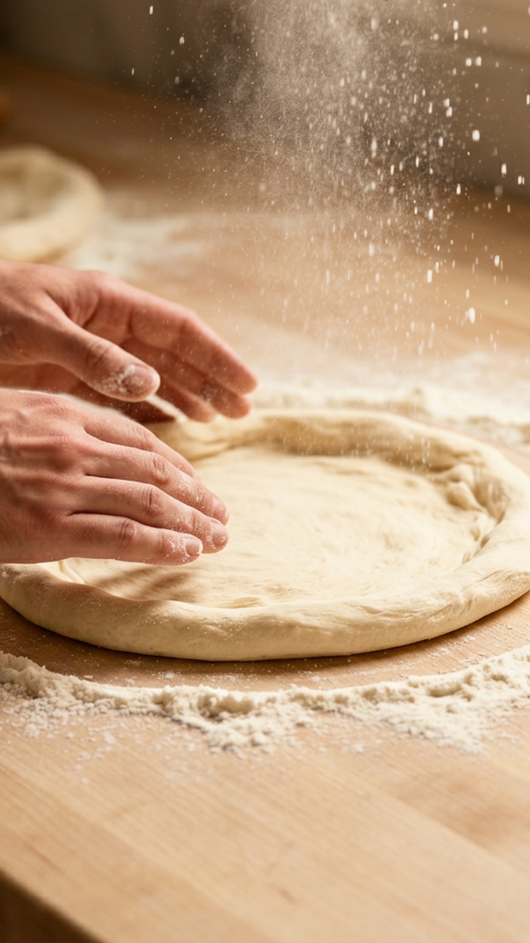 Hands shaping dough on a flour-dusted wood counter