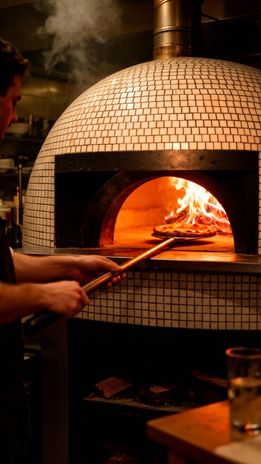 A wood-fired brick oven glowing in a dim kitchen